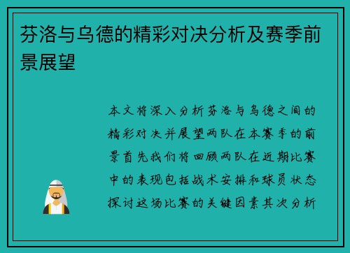 芬洛与乌德的精彩对决分析及赛季前景展望
